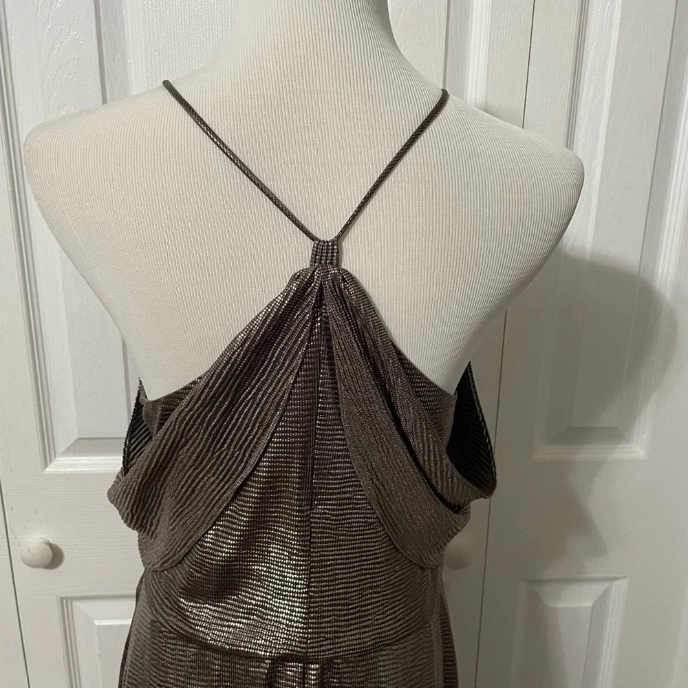 Halston Women’s Hi low Drape Metallic Gunmetal Racer back Midi dress size 8 - Picture 3 of 16